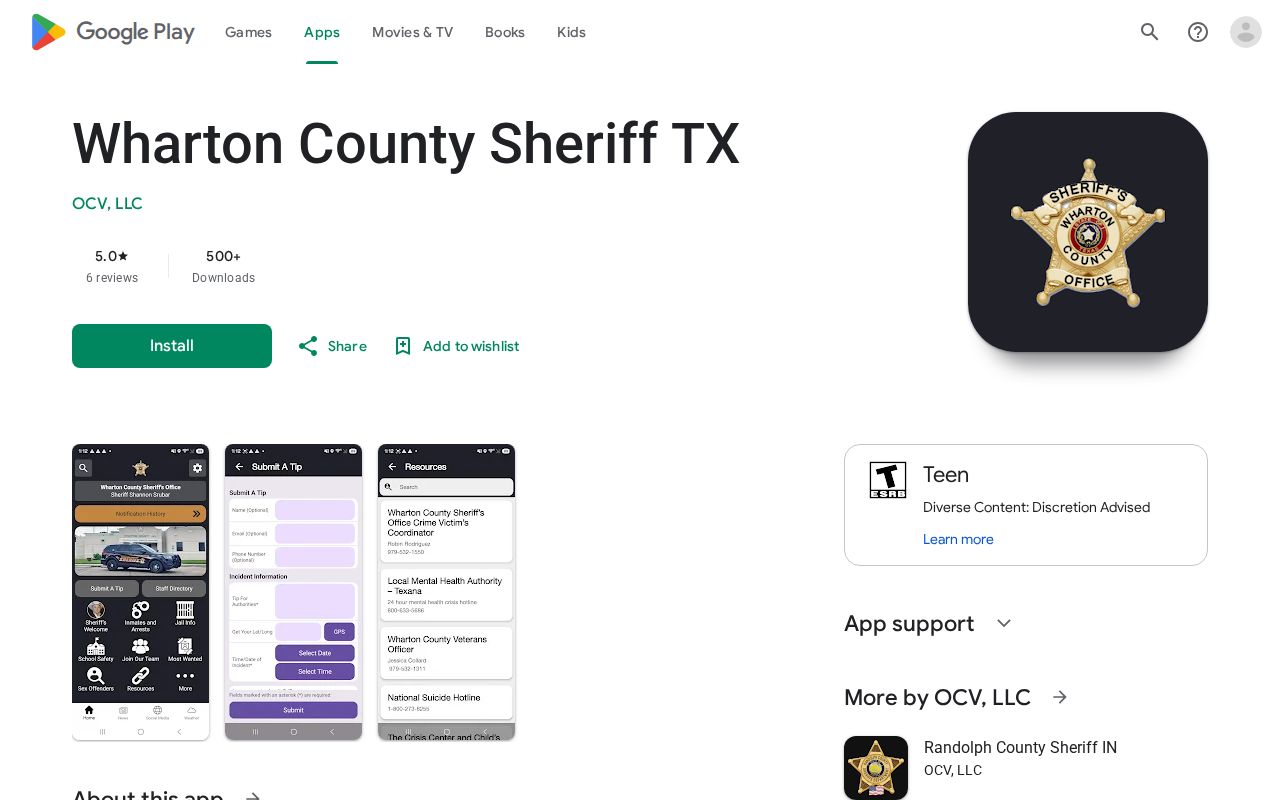 Wharton County Sheriff app listing for release channel comparison