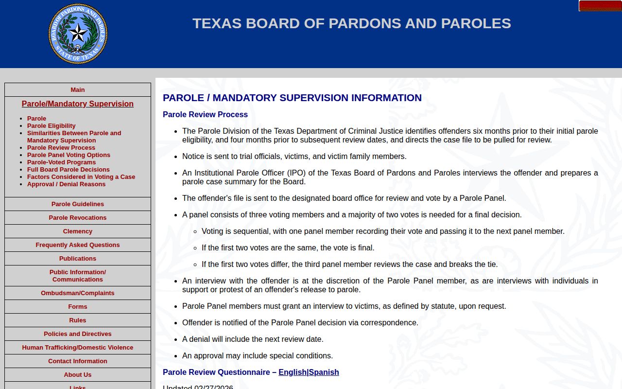 Texas parole review process for Wharton County release supervision