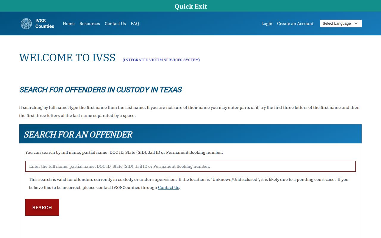 Texas IVSS-Counties Wharton County inmate search screen